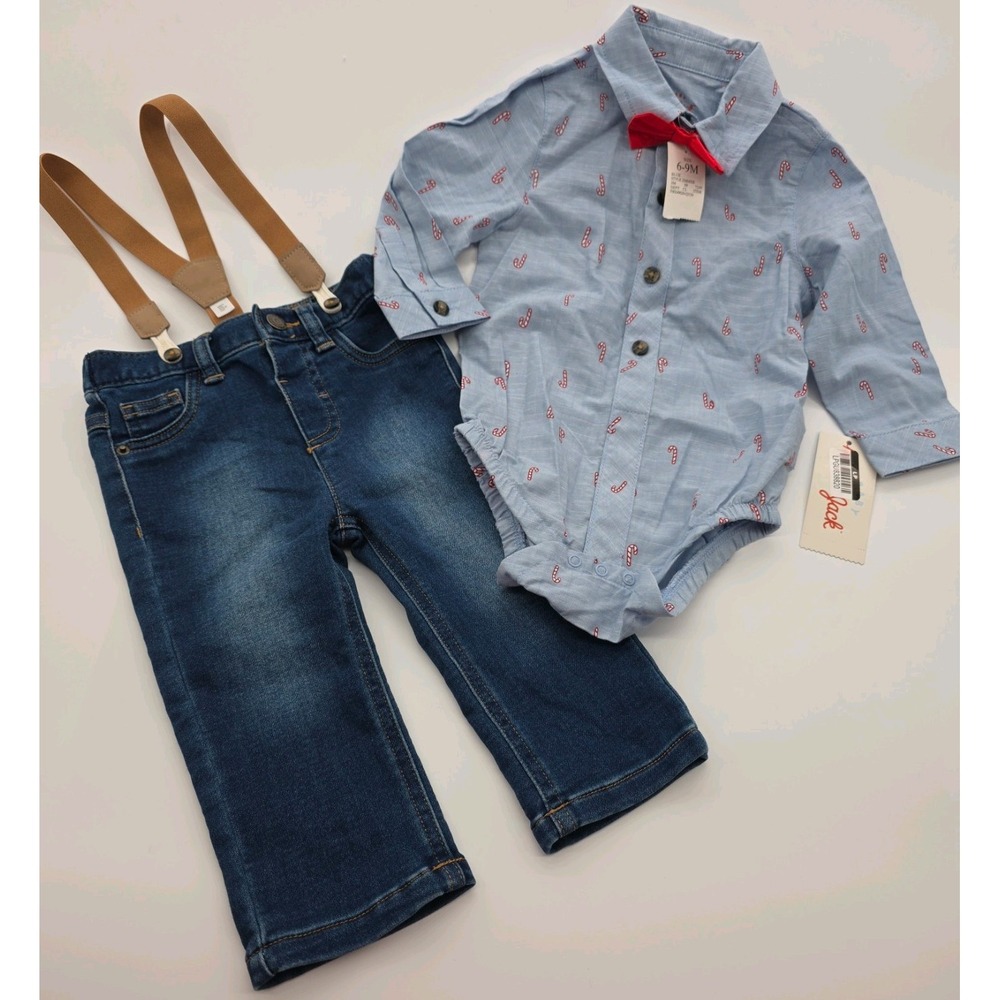Cat & Jack Baby Boy 3pc Outfit Set 6-9M NWT Denim Jeans Suspenders Bodysuit